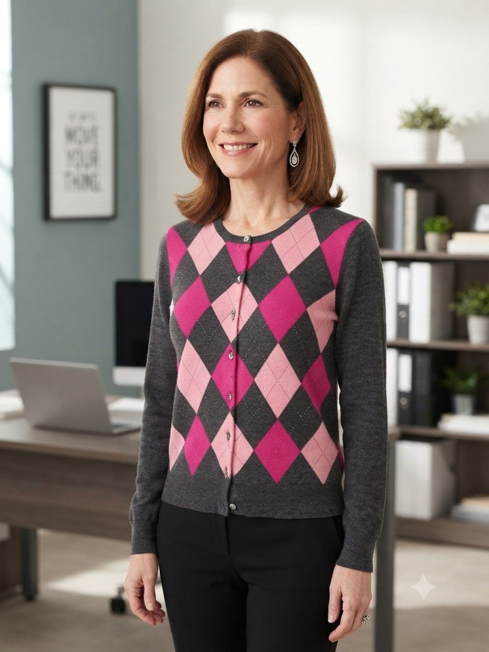 New York & Company Gray Cardigan with Pink Argyle